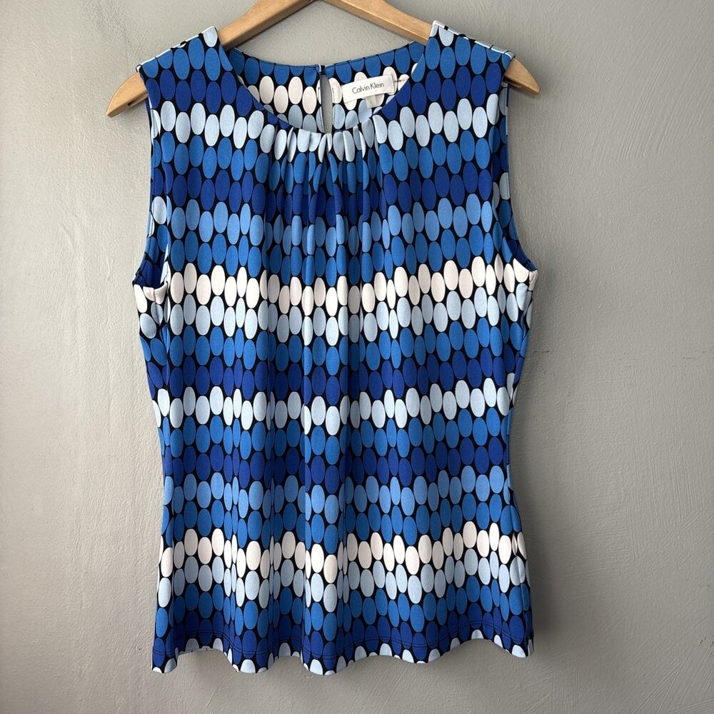 Calvin Klein Top Size Large Sleeveless Stretch Blue Geometric Circle Office Chic